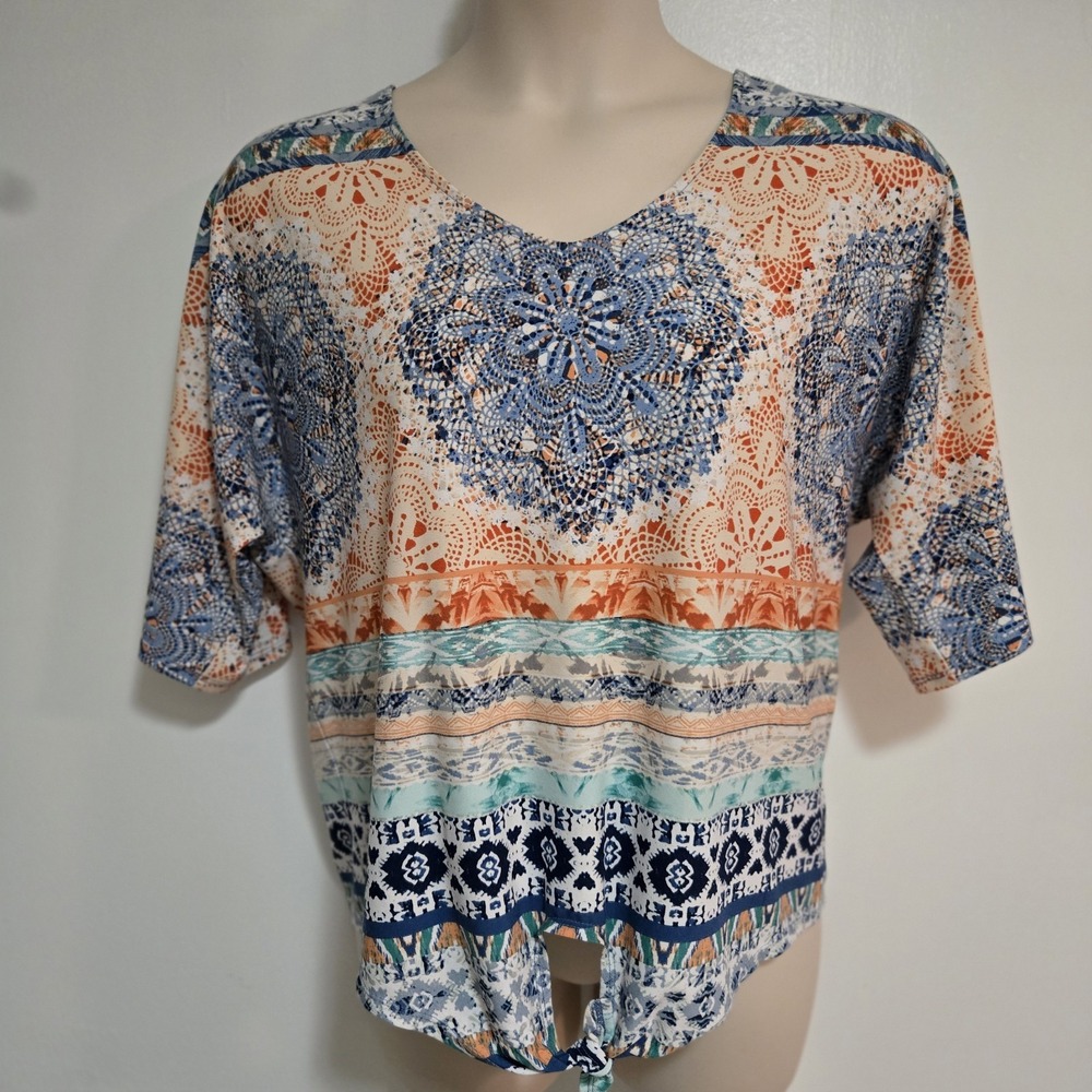 Chico's Size 2 (L) Multicolor BoHO Relaxed Stretch Knit V-neck Top w/ Tied Hem